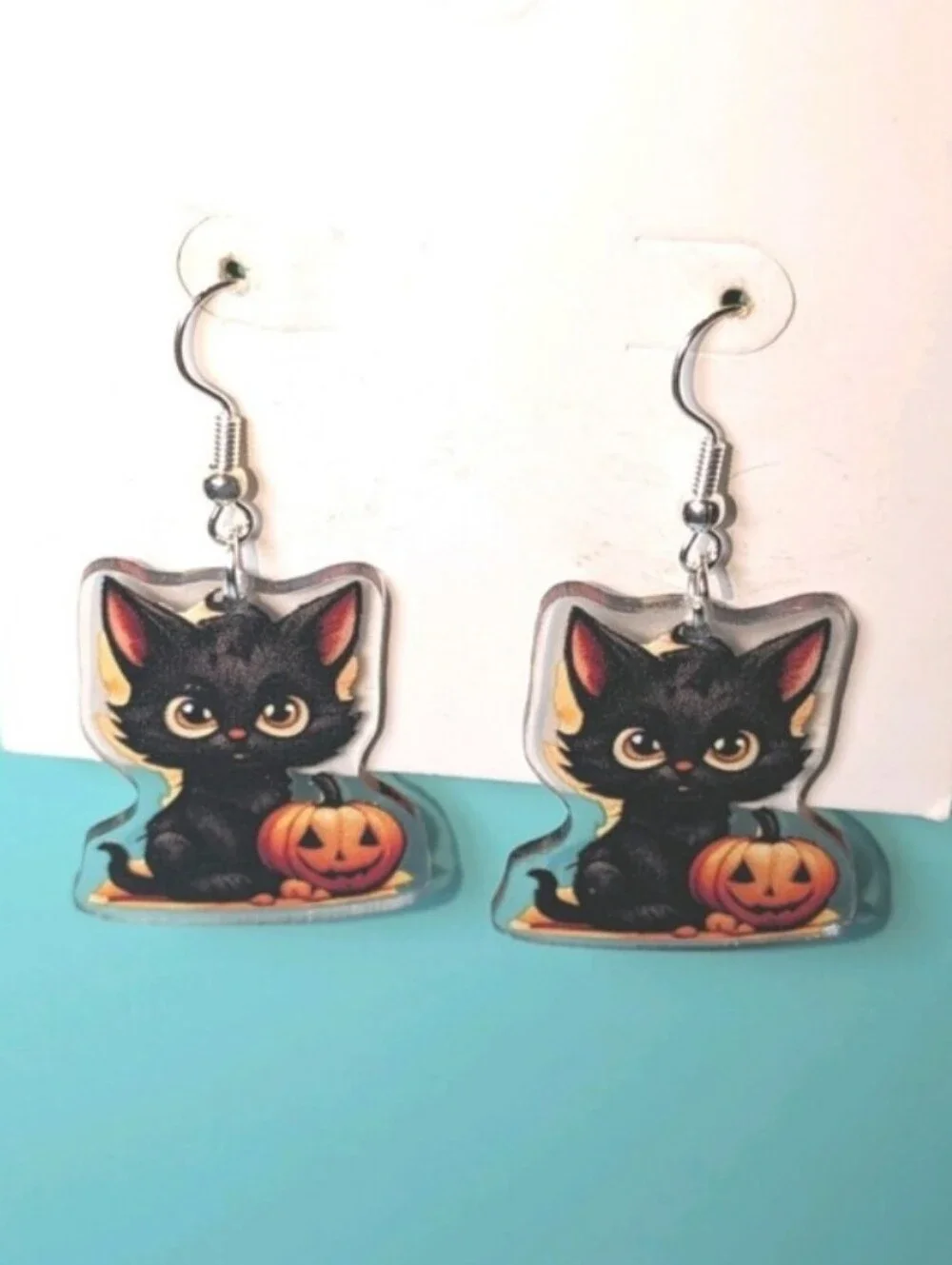Halloween Black Cat and Pumpkin Dangle Earrings - Unbranded